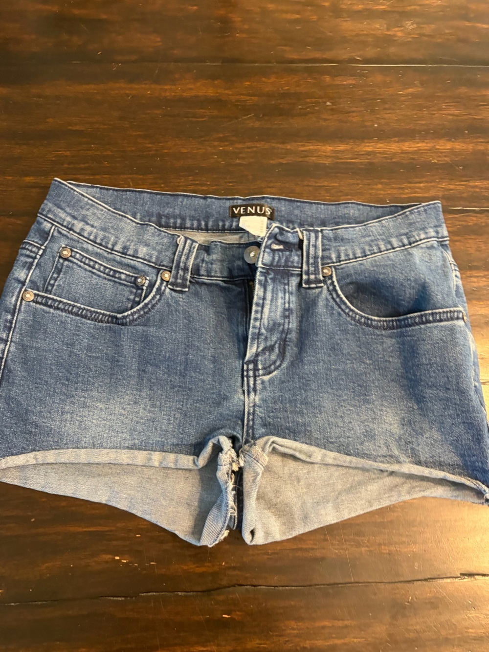VENUS Dark Blue High-Rise Denim Shorts with Branded Button womens size 8